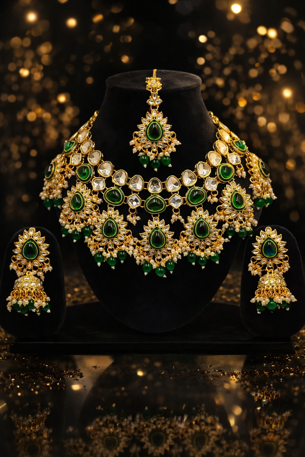 Premium Gold Tone Bridal Kundan Necklace Set with Emerald-Green Stones