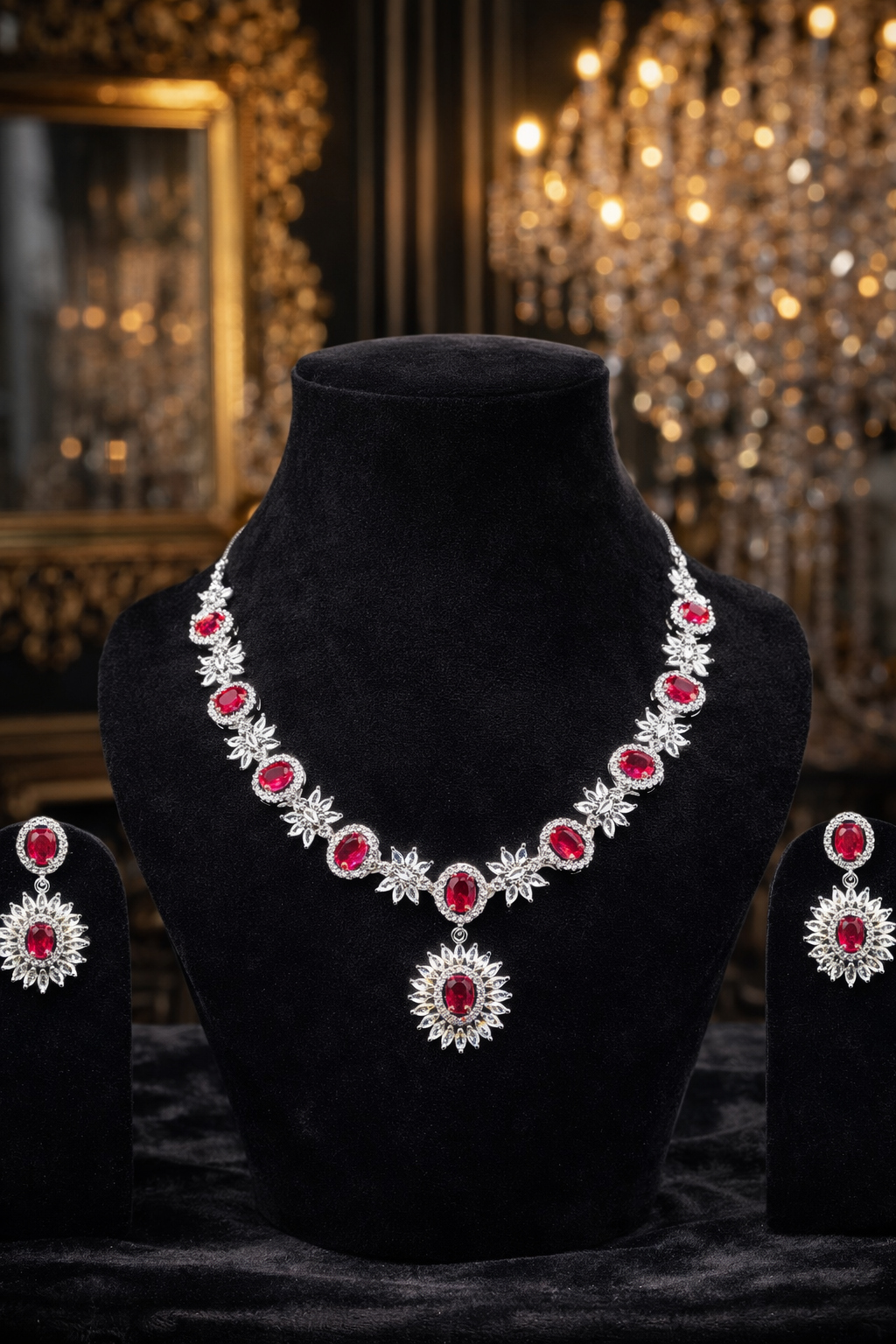 Royal Ruby Red Stone Necklace Set with Diamond Finish Earrings