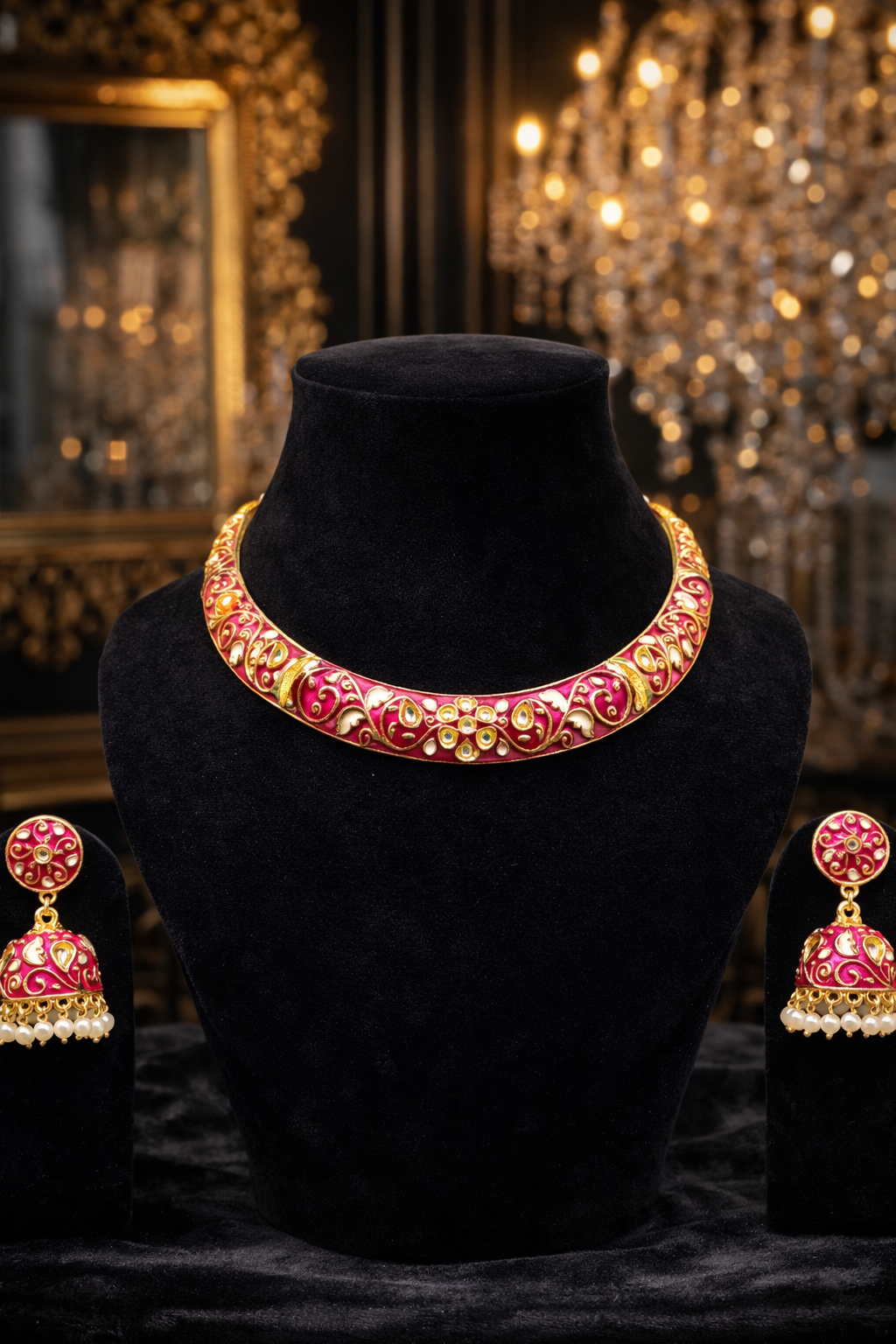 Premium Gold Tone Bridal Pink Enamel Necklace & Earrings Set