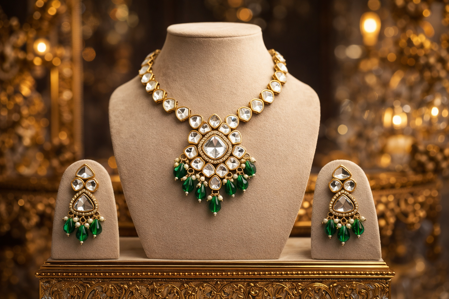 Premium Gold Tone Traditional Necklace & Earrings Set with Green Beads