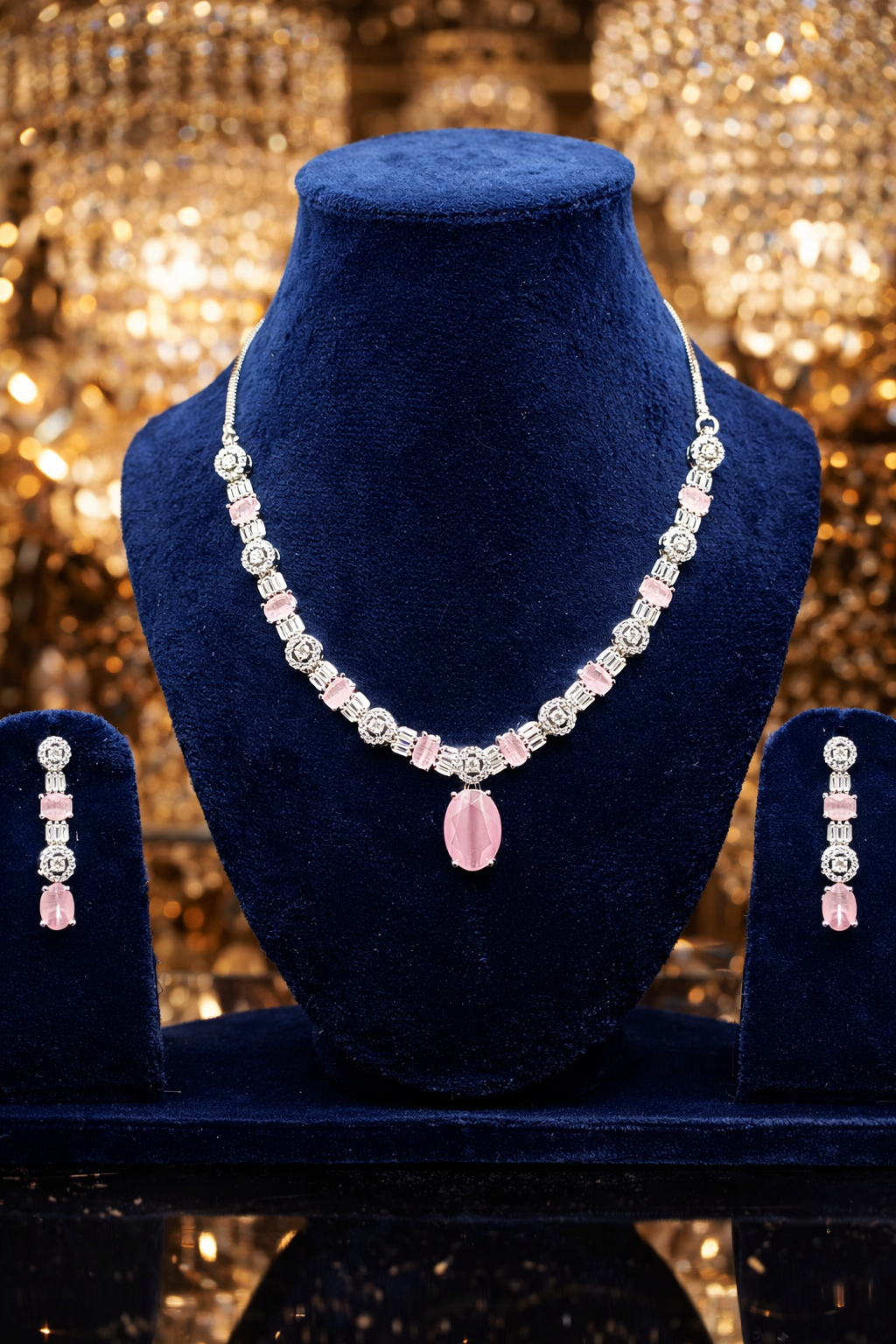 Premium Pink Gemstone Bridal Necklace & Earrings Set