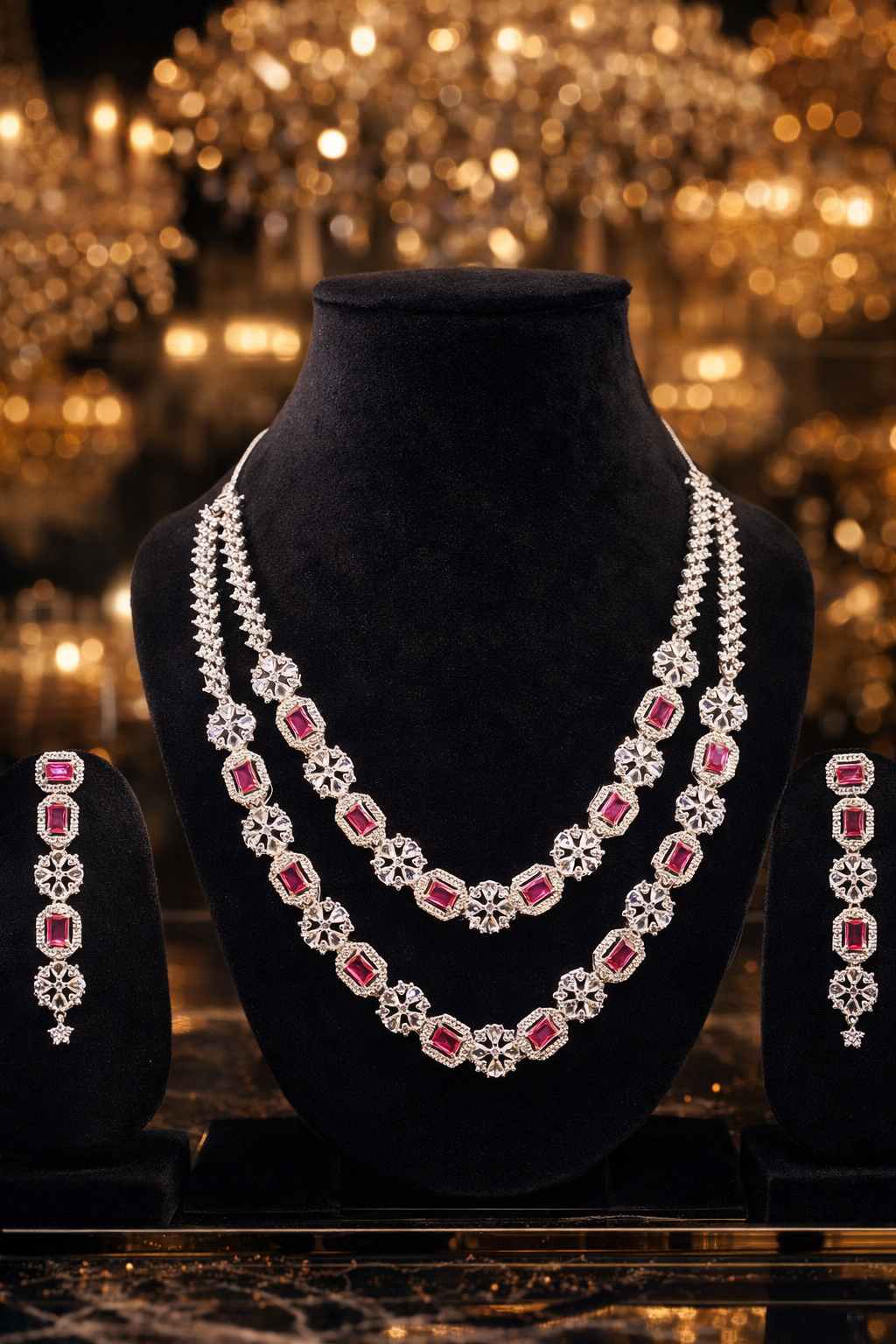 Royal Ruby Double-Layer Necklace Set with Matching Earrings – Ultra Luxury Bridal Collection