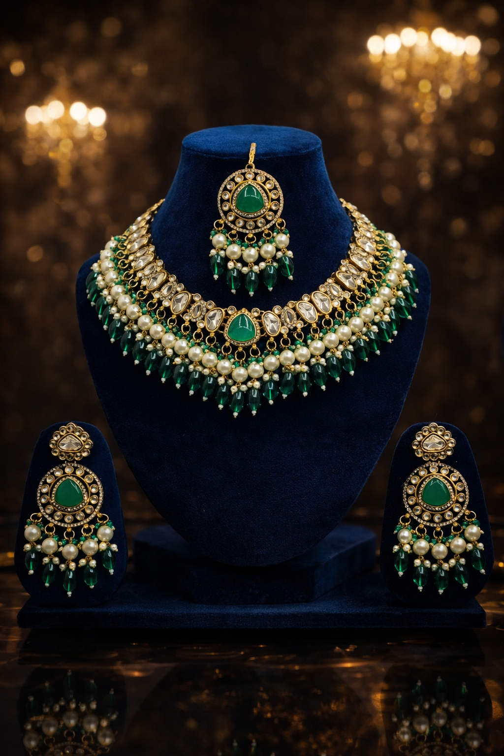Premium Gold Tone Traditional Green Stone Pearl Necklace Set