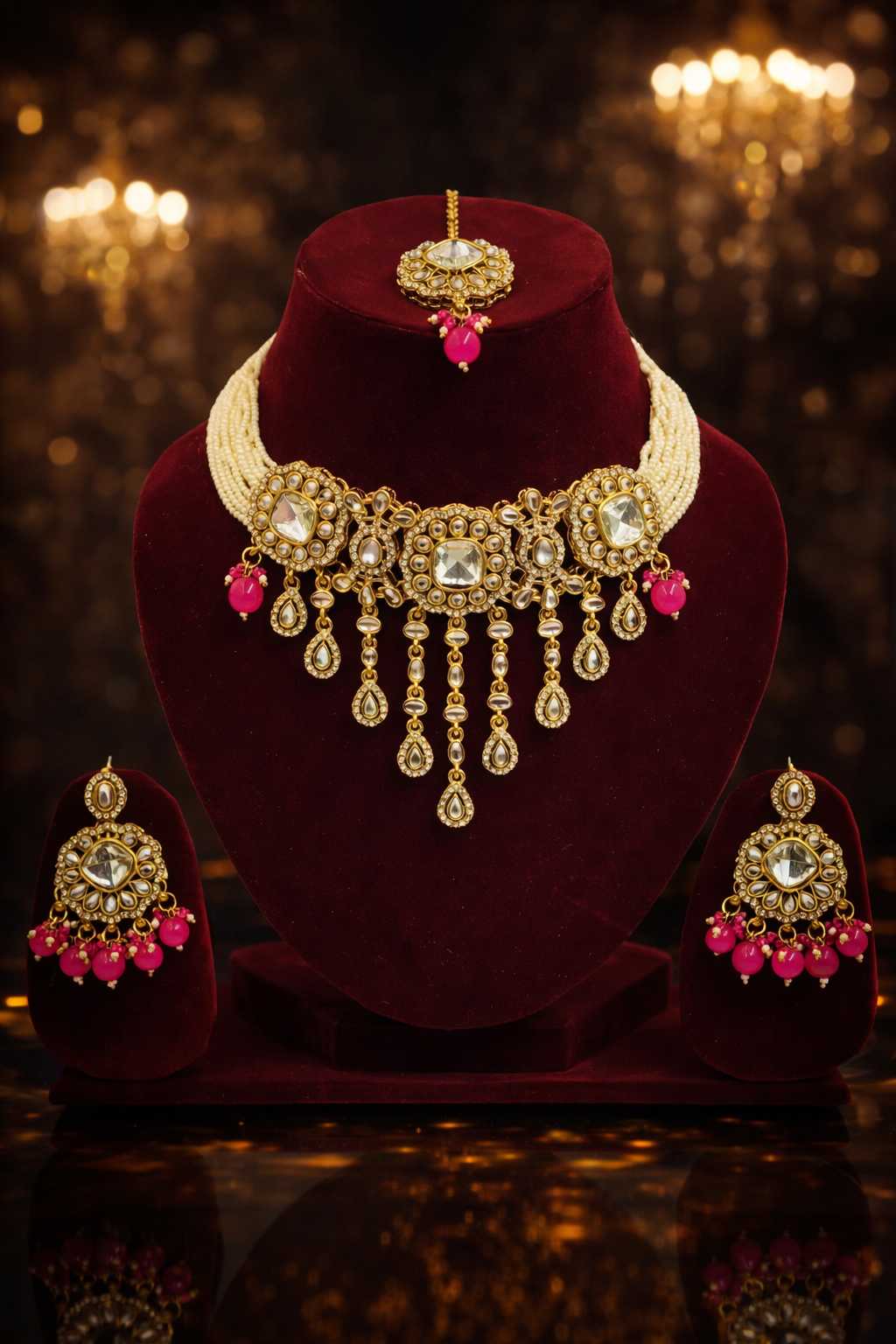 Premium Gold Tone Bridal Kundan Choker Necklace & Earrings Set