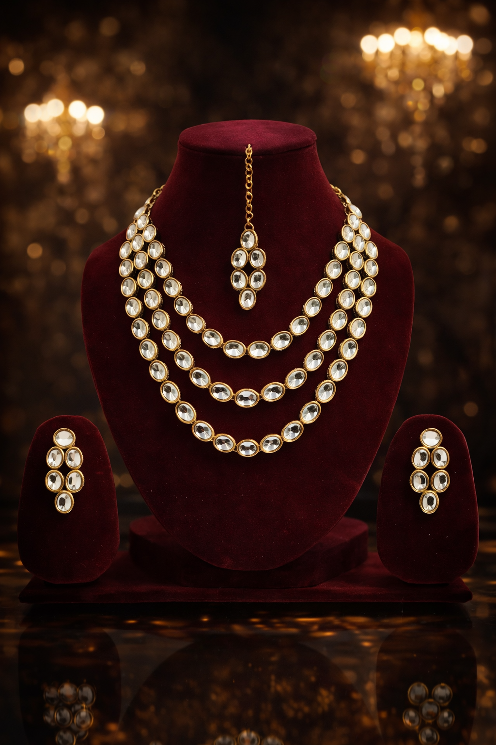 Gold Tone Kundan Triple-Layer Necklace Set with Matching Earrings