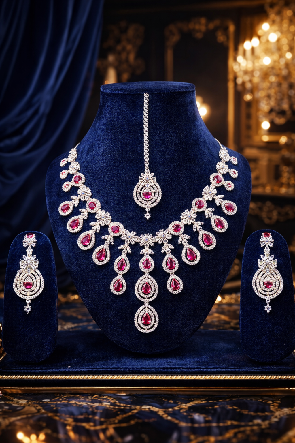 Royal Ruby Drop Bridal Necklace Set with Earrings & Maang Tikka – Premium Luxury Collection