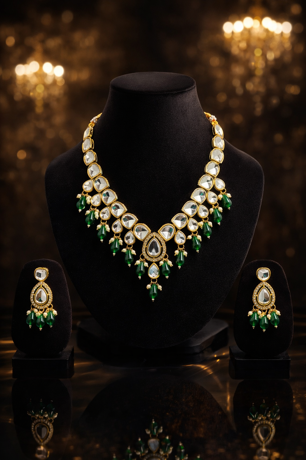 Gold Tone Kundan Necklace Set with Emerald Green Drops & Matching Earrings