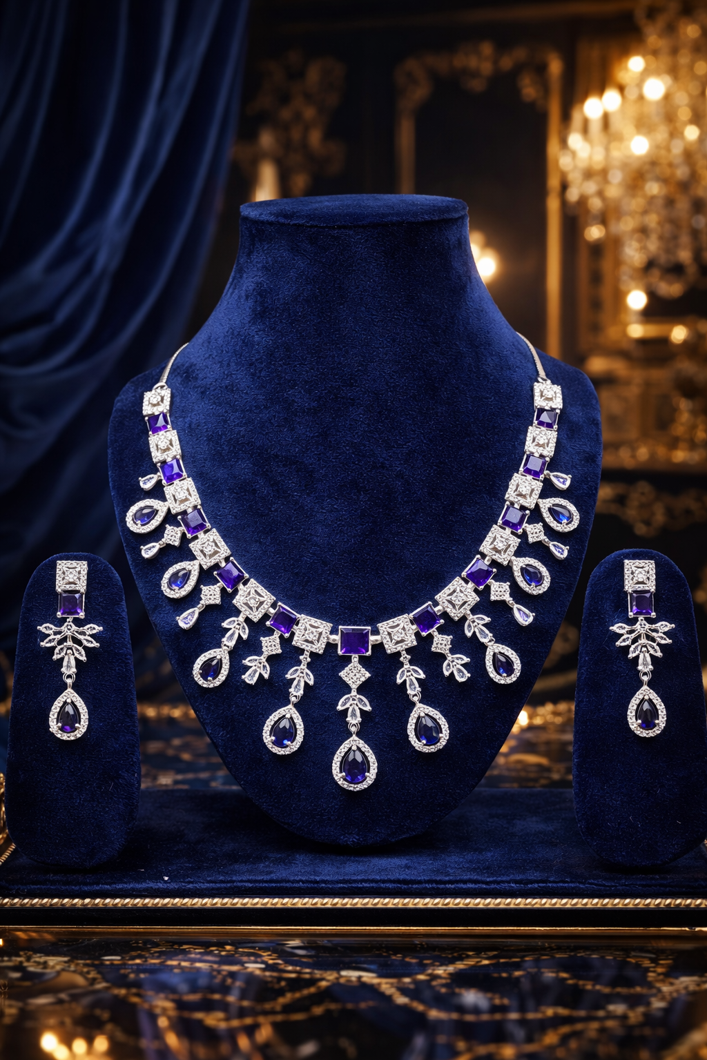 Royal Sapphire Blue Crystal Necklace Set with Matching Earrings – Premium Luxury Bridal Collection