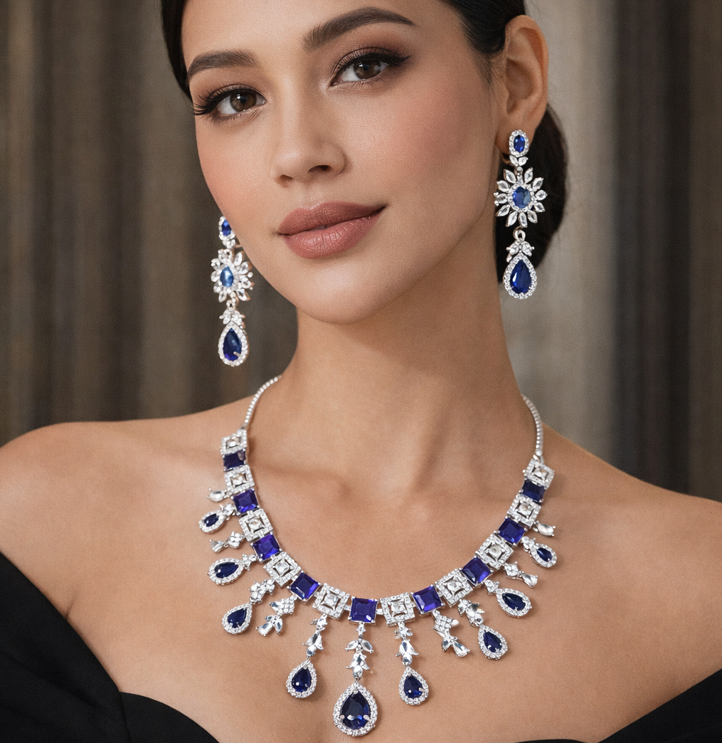 Royal Sapphire Blue Crystal Necklace Set with Matching Earrings – Premium Luxury Bridal Collection