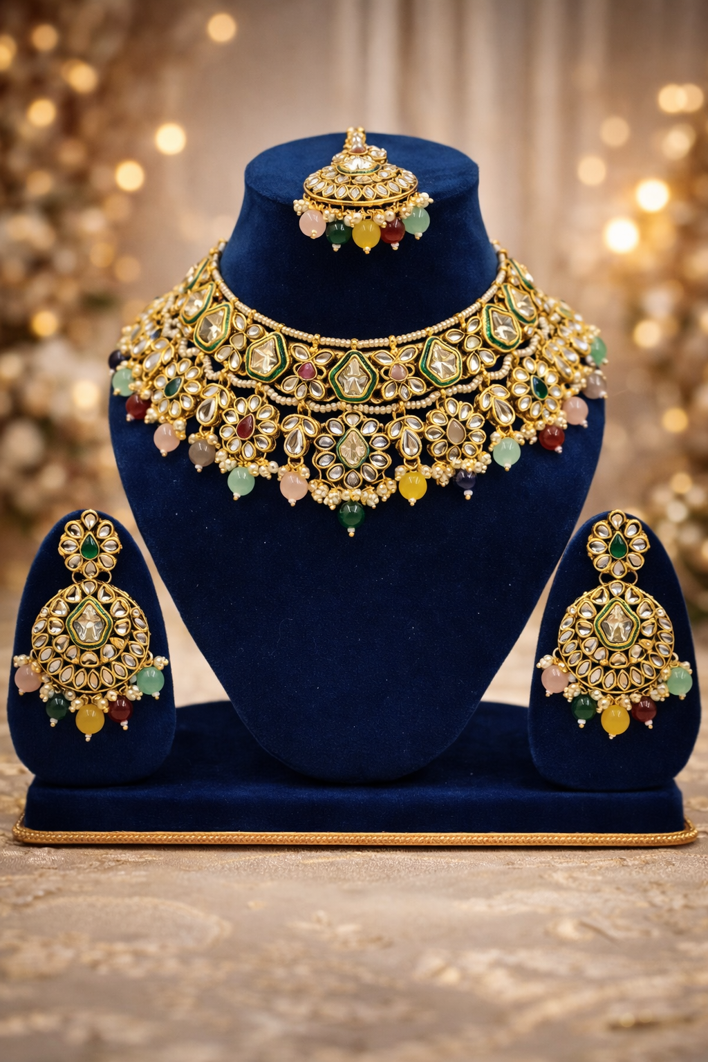 Gold Tone Kundan Choker Necklace Set with Multicolor Beads & Statement Earrings