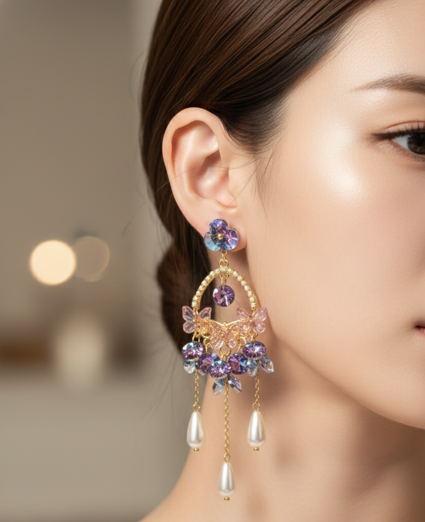 Aurora Butterfly Crystal Chandelier Pearl Drop Earrings