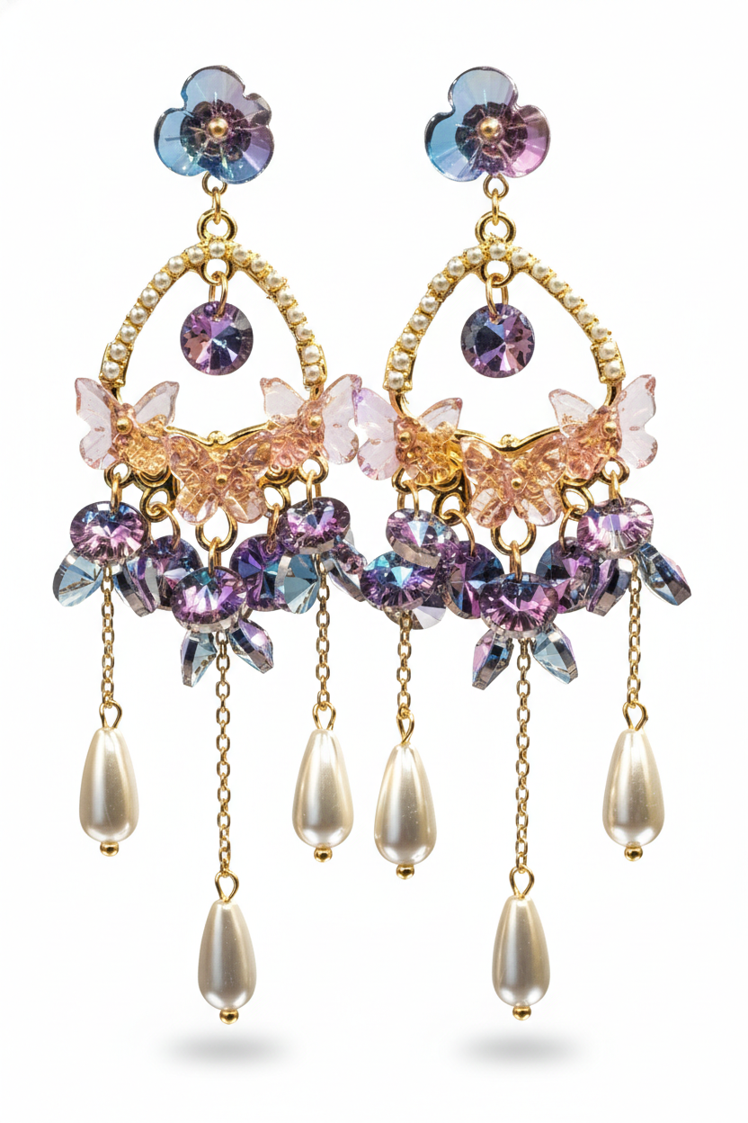 Aurora Butterfly Crystal Chandelier Pearl Drop Earrings