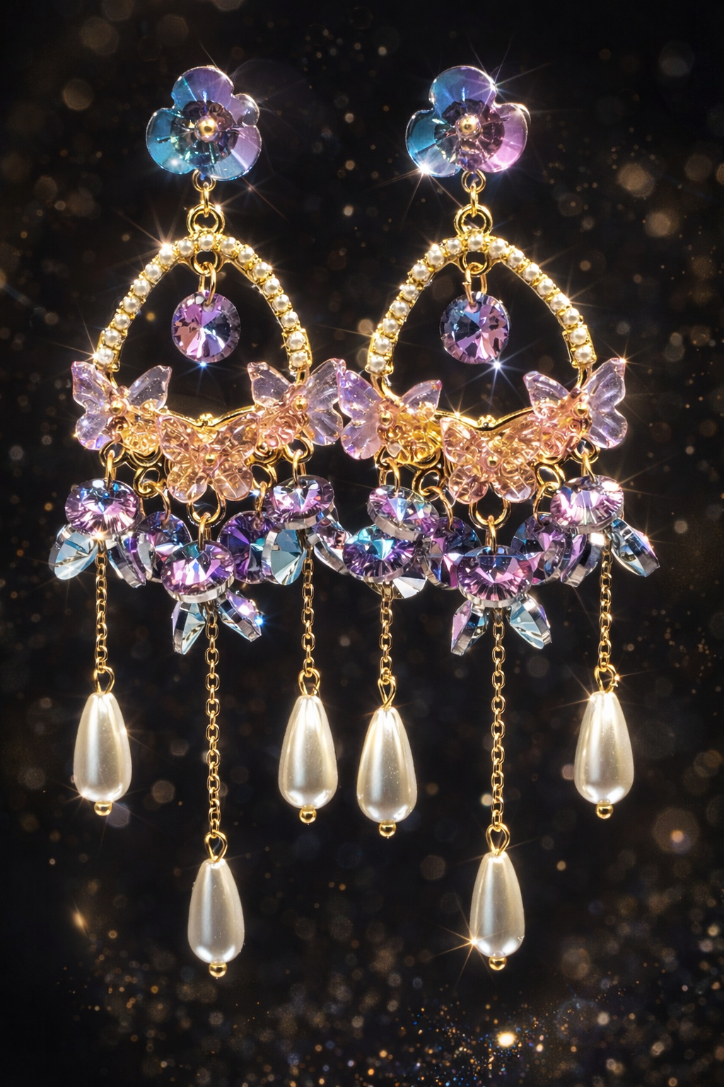 Aurora Butterfly Crystal Chandelier Pearl Drop Earrings