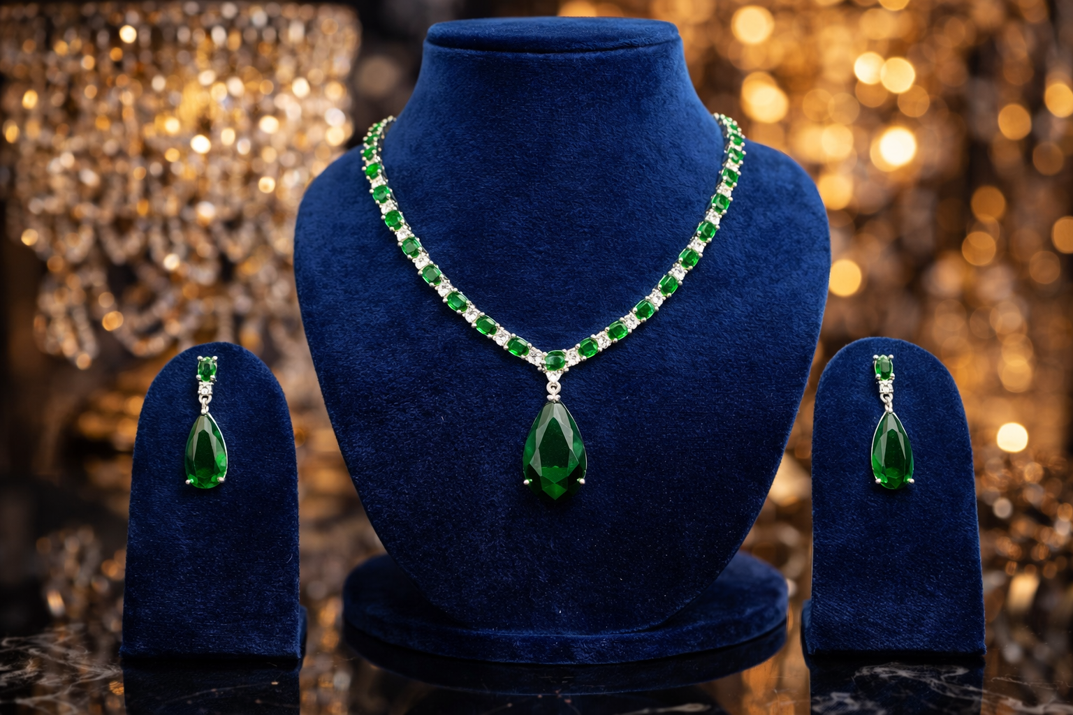 Royal Green Emerald Drop Necklace & Earring Set