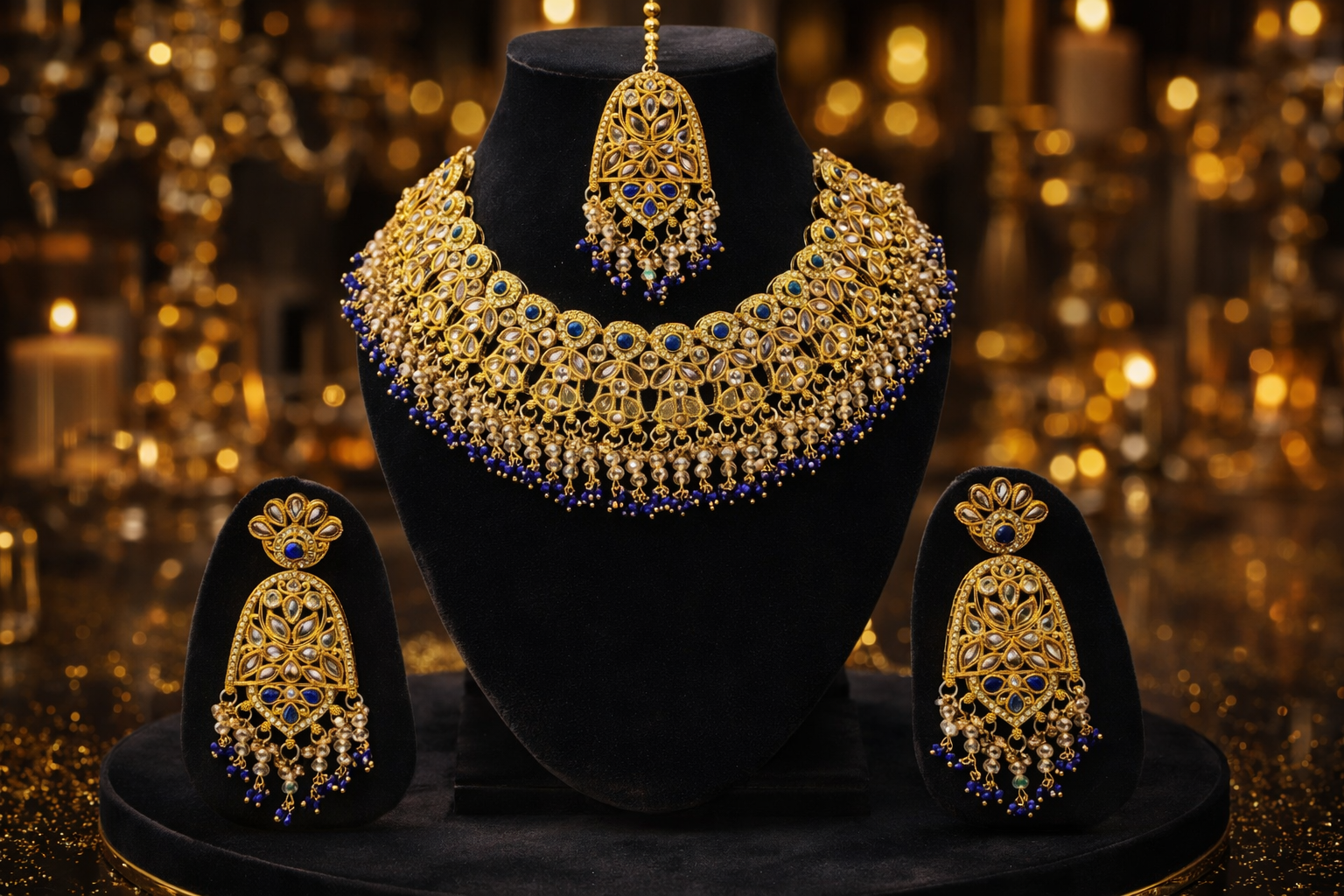 Gold toned Royal Blue Kundan Bridal Necklace Set with Earrings & Maang tikka – Premium Traditional Wedding Jewellery