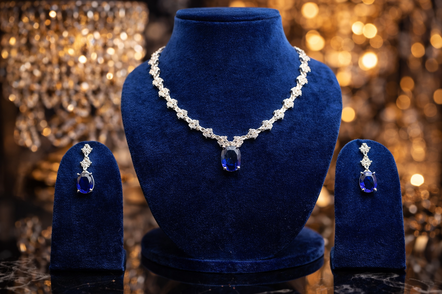Royal Blue Sapphire Diamond Necklace & Earring Set