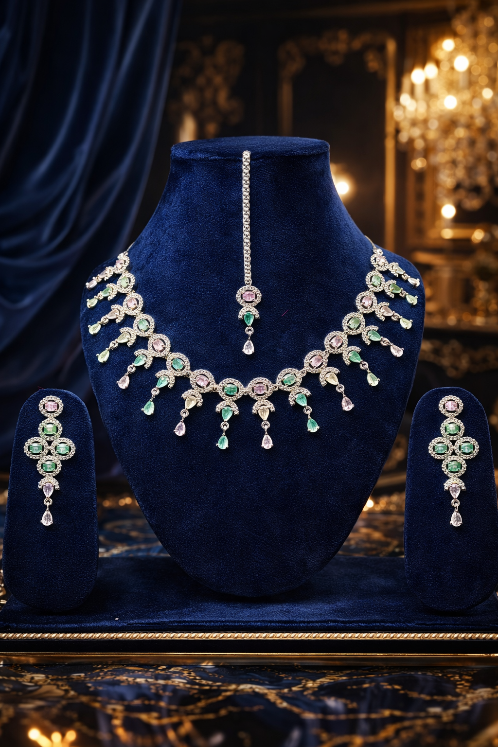 Elegant Emerald & Blush Crystal Bridal Necklace Set with Earrings & Maang Tikka – Premium Luxury Collection