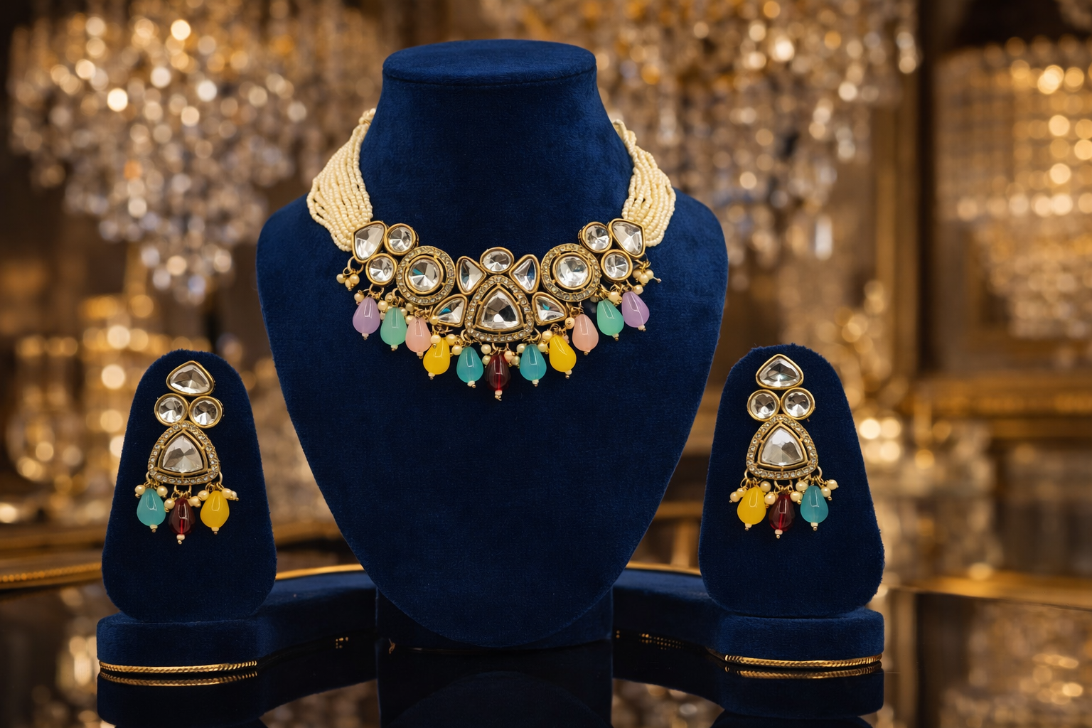 Gold Tone Kundan Pearl Choker Set with Multicolor Drop Earrings