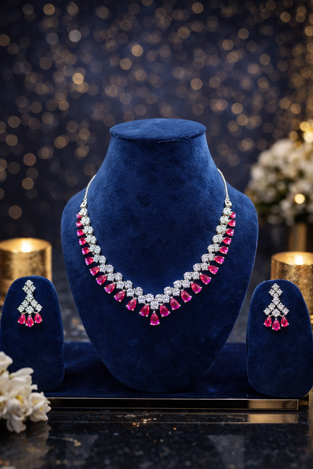 Radiant Ruby Pink Drop Necklace Set with Matching Earrings – Premium Luxury Party & Bridal Collection