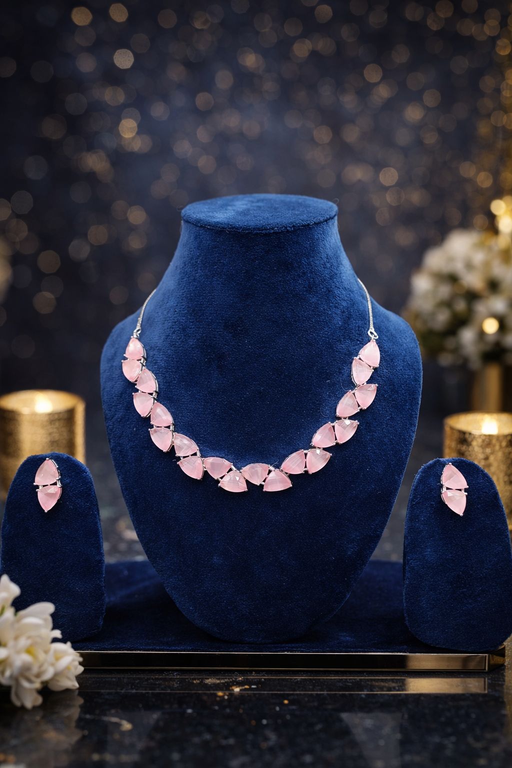 Blush Pink Crystal Necklace Set with Matching Stud Earrings – Elegant Premium Luxury Collection