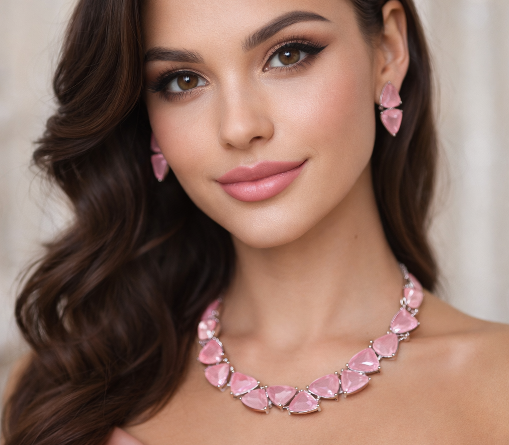 Blush Pink Crystal Necklace Set with Matching Stud Earrings – Elegant Premium Luxury Collection