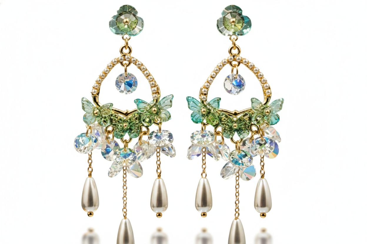 Emerald Whisper Butterfly Crystal Pearl Chandelier Earrings