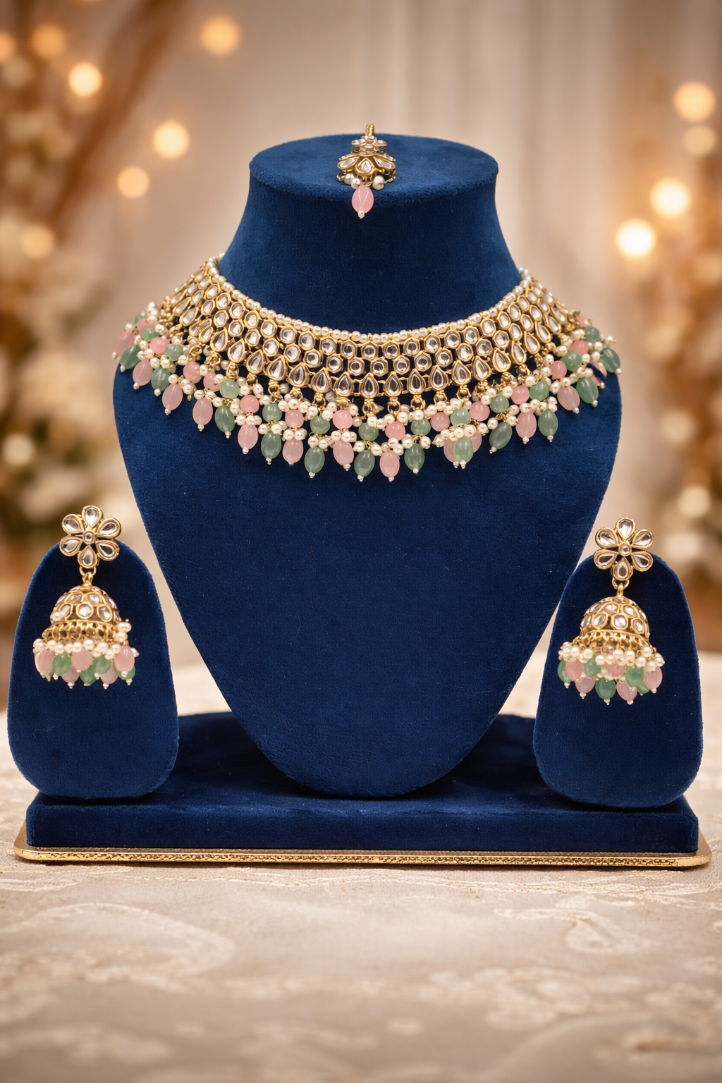 Gold-Toned Pastel Pink & Mint Kundan Necklace Set with Earrings and Maang Tikka – Premium Festive & Bridal Jewellery
