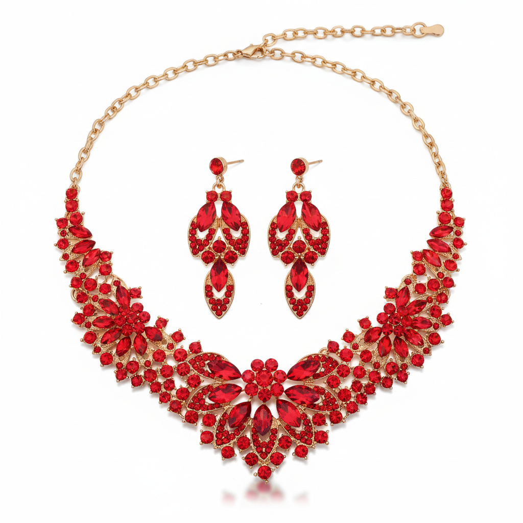 Luxury Gold-Plated Ruby Red Crystal Floral Necklace Set with Earrings