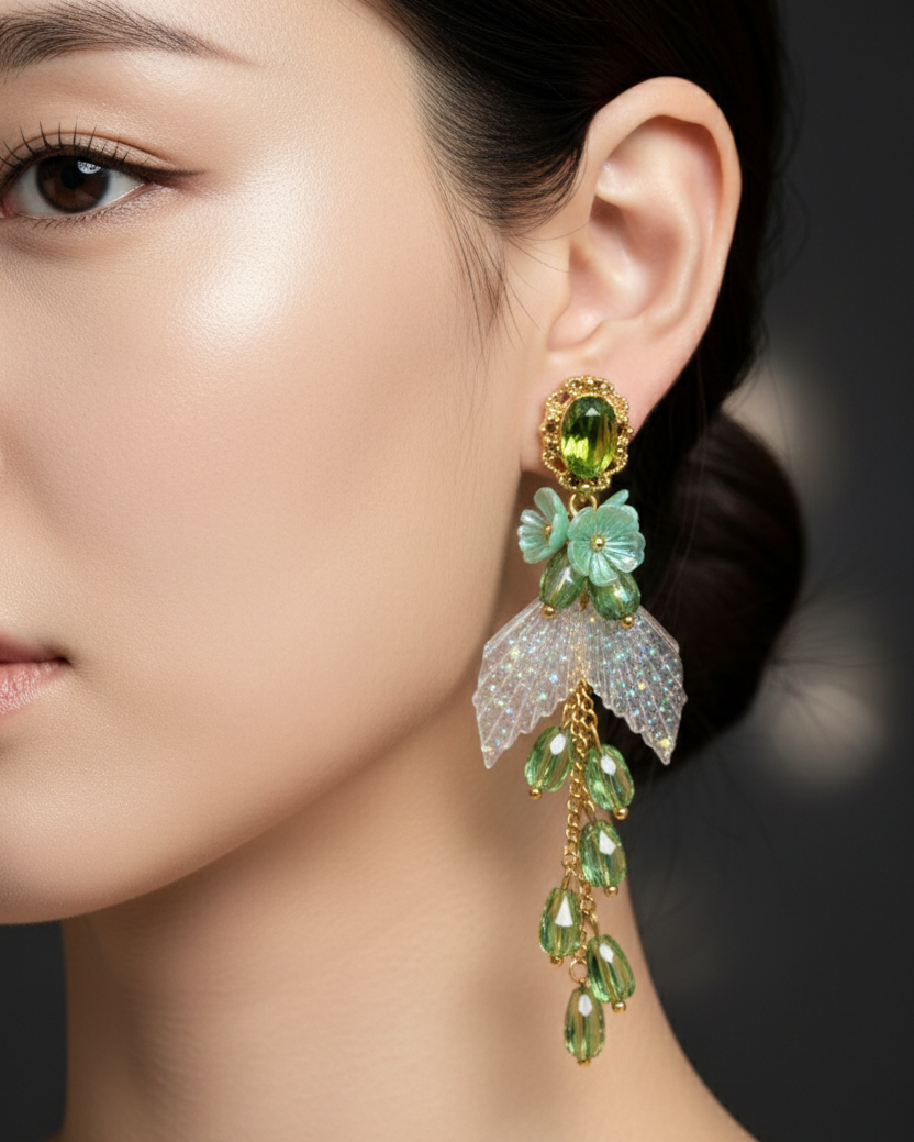 Verdant Bloom Crystal & Pearl Drop Earrings