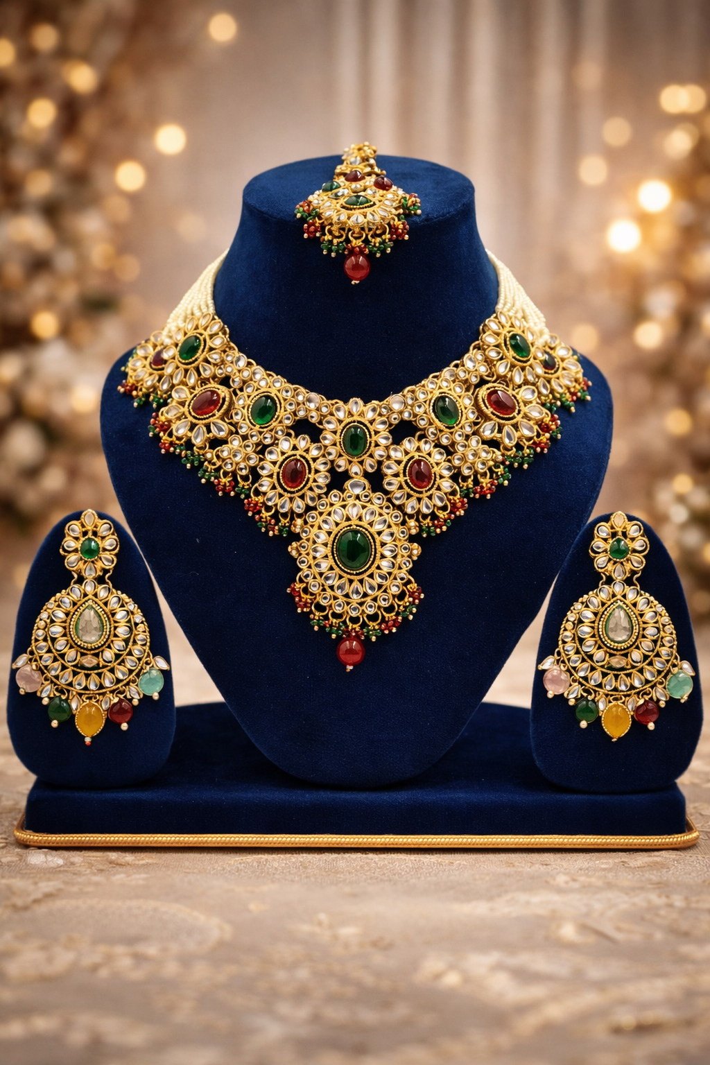 Traditional Ruby & Emerald Kundan Gold-Toned Choker Necklace Set with Earrings & Maang Tikka – Premium Bridal & Wedding Jewellery