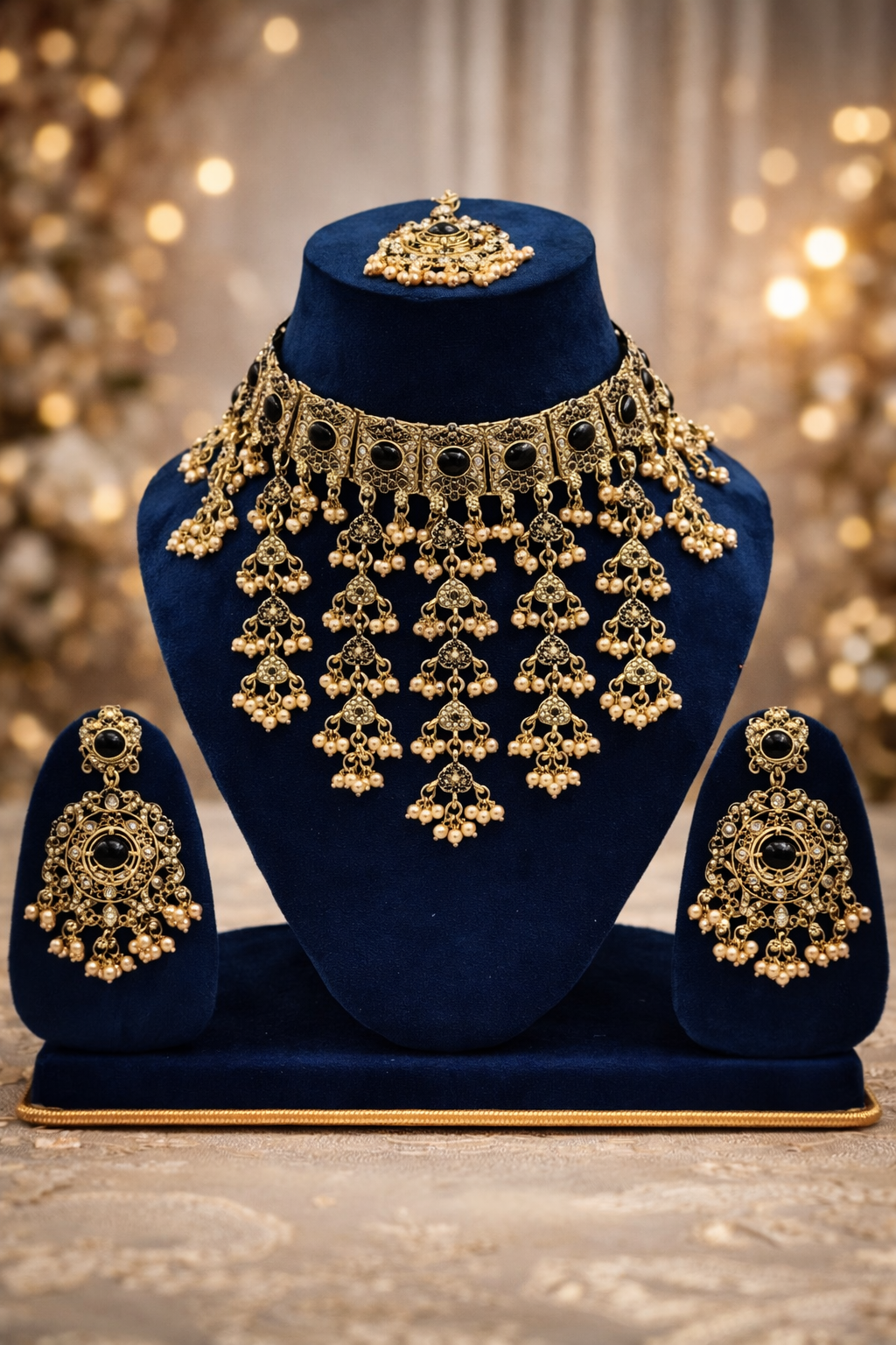 Antique Black Stone Kundan Gold-Toned Choker Necklace Set with Earrings & Maang Tikka – Premium Royal Bridal Jewellery