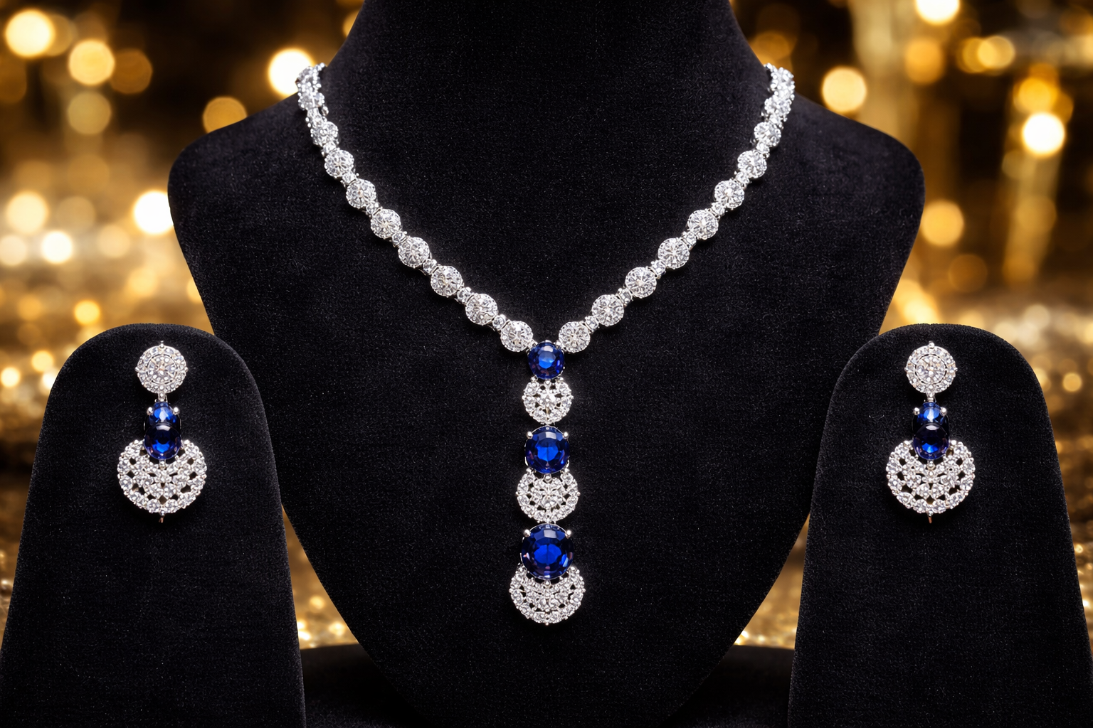 Imperial Blue Sapphire Diamond Necklace & Earring Set