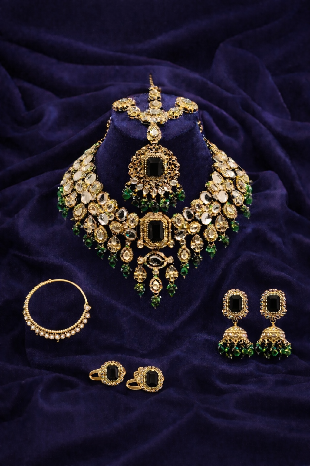 Emerald Green & Black Kundan Gold-Toned Bridal Choker Necklace Set with Earrings, Maang Tikka & Ring – Premium Royal Wedding Jewellery