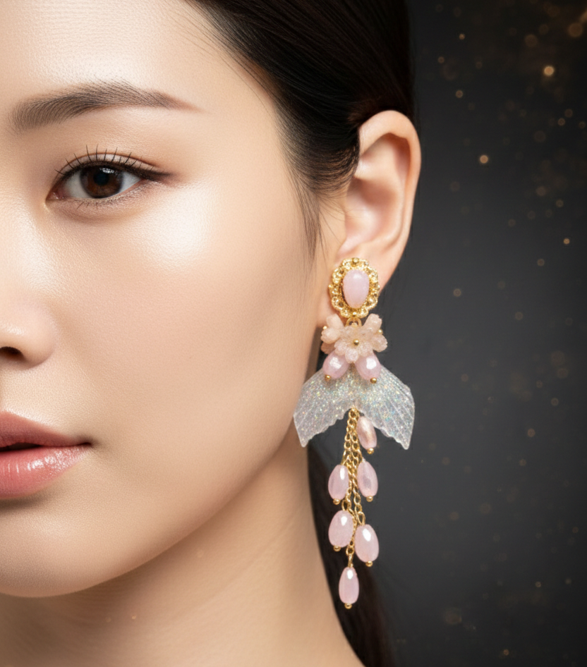 Blush Petal Crystal Wing Drop Earrings