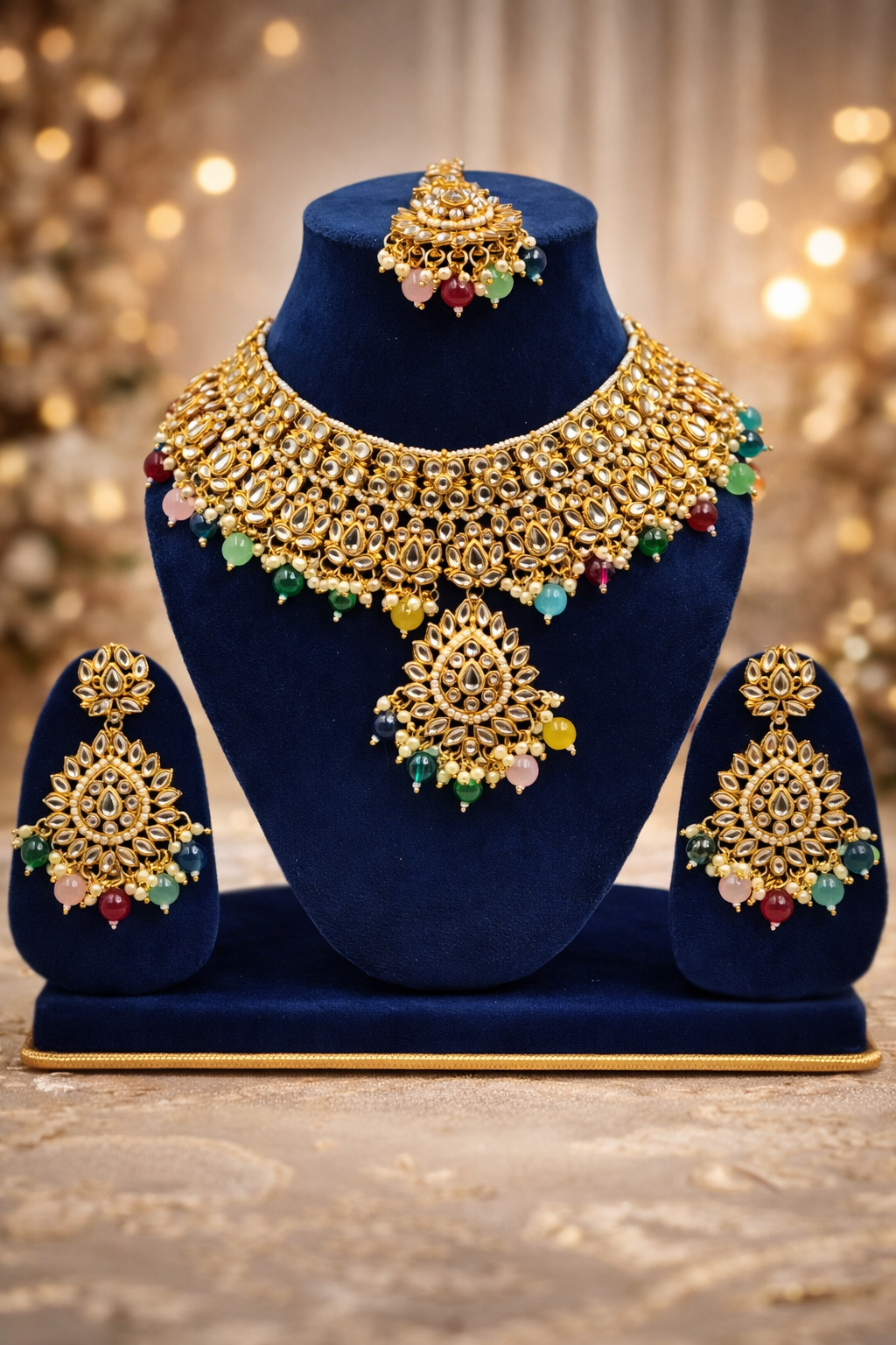 Multicolor Beaded Kundan Gold-Toned Choker Necklace Set with Earrings & Maang Tikka – Premium Festive & Bridal Jewellery