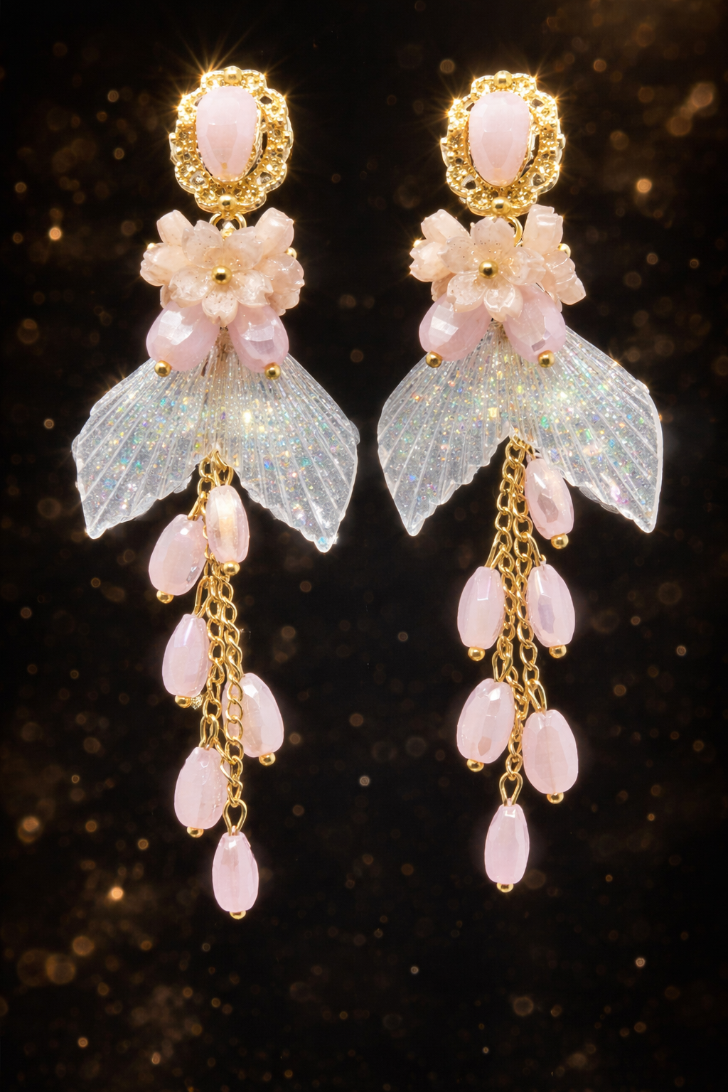 Blush Petal Crystal Wing Drop Earrings