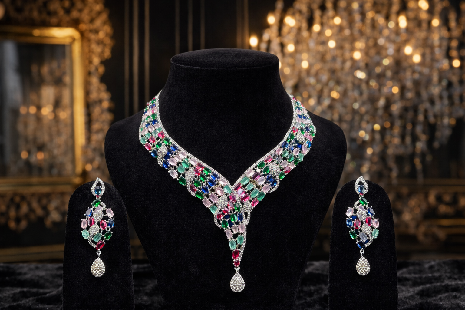 Designer Multicolor Gemstone Necklace Set – Luxury Statement Collection