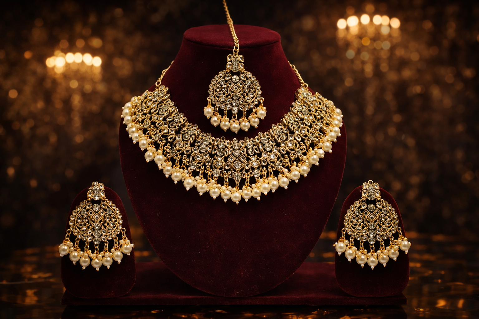 Premium Gold Tone Bridal Kundan Necklace Set with Matching Earrings & Maang Tikka