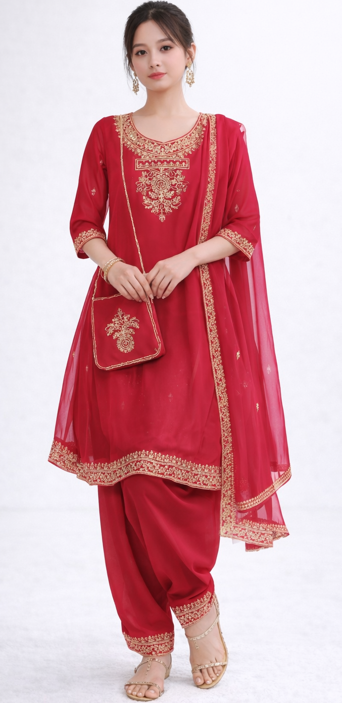 Ruby Red Embroidered Kurta Salwar Set with Chiffon Dupatta with Handbag