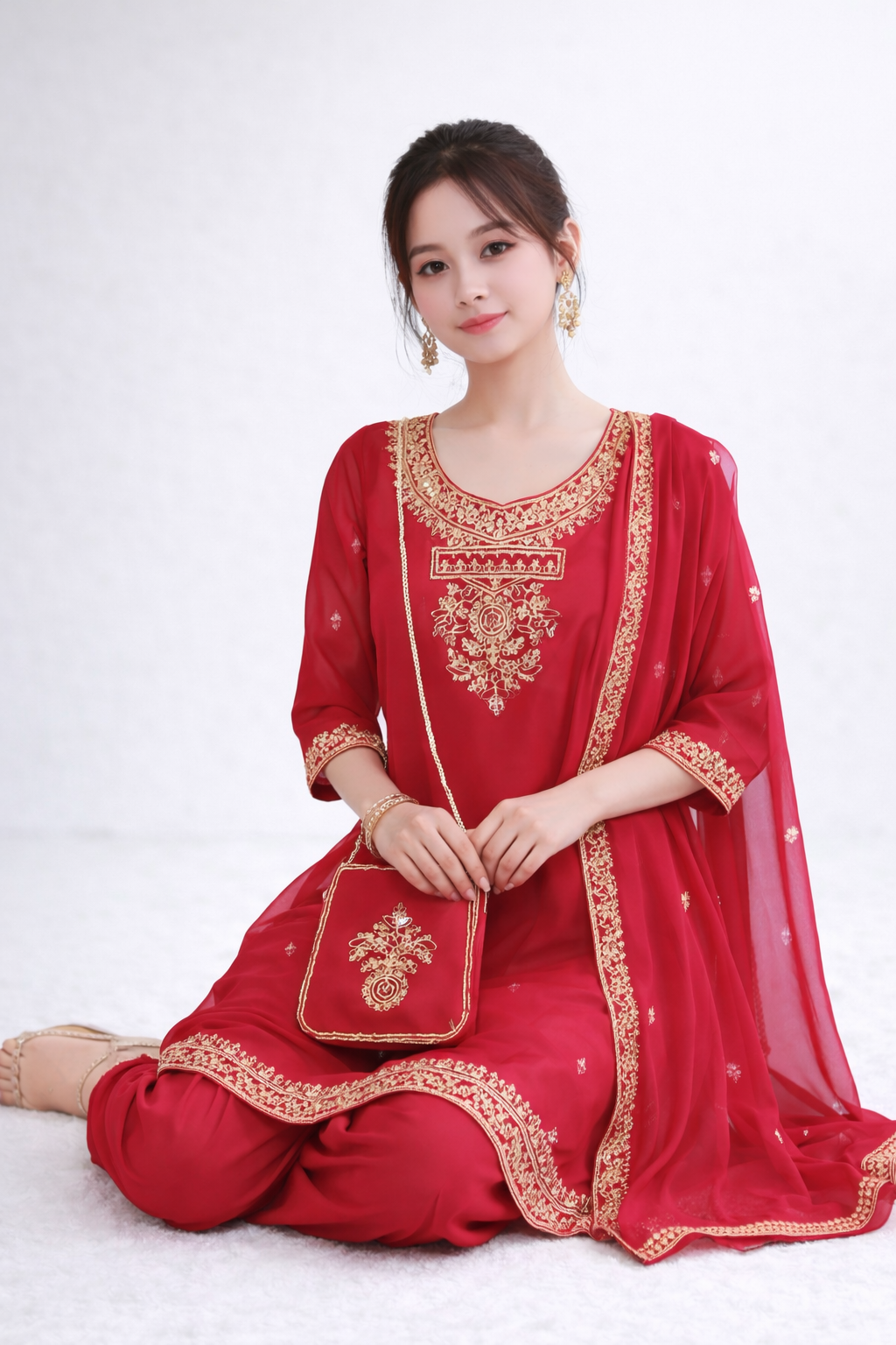 Ruby Red Embroidered Kurta Salwar Set with Chiffon Dupatta with Handbag