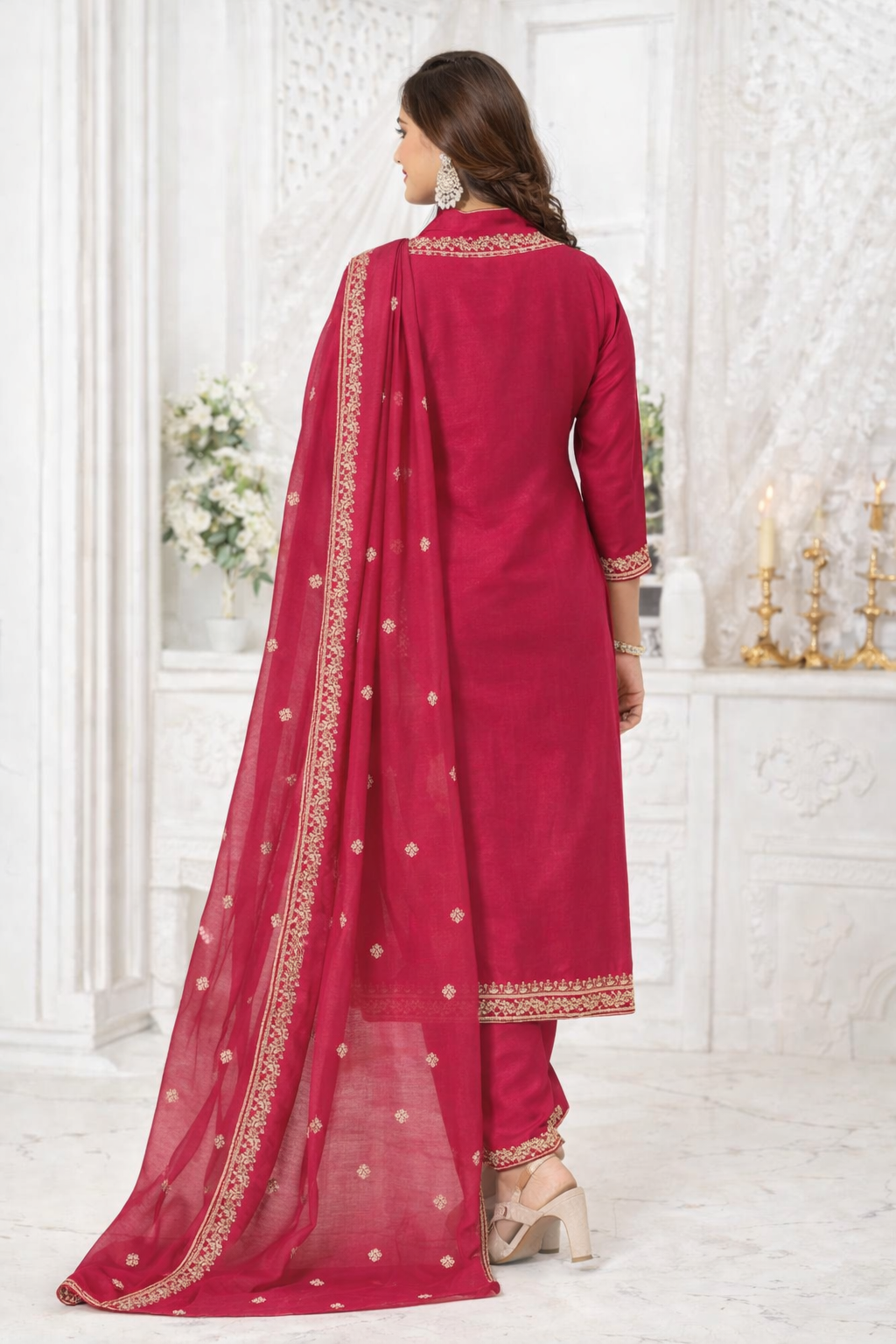 Ruby Red Embroidered Kurta Salwar Set with Chiffon Dupatta with Handbag