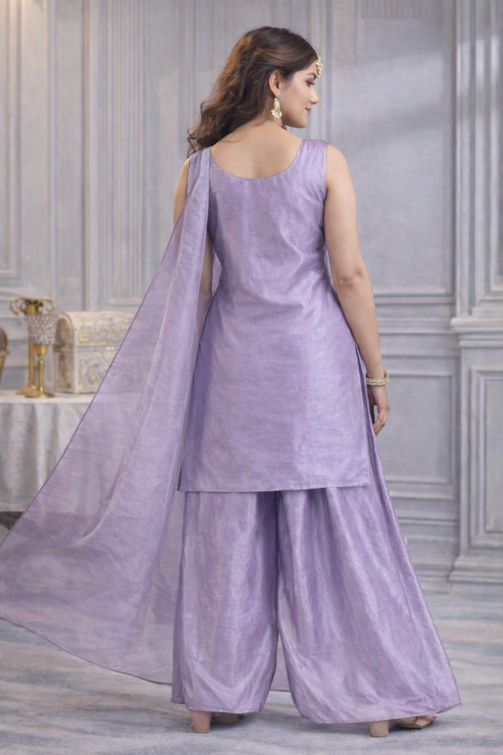 Lavender Silk Designer Palazzo Suit Set with Organza Dupatta