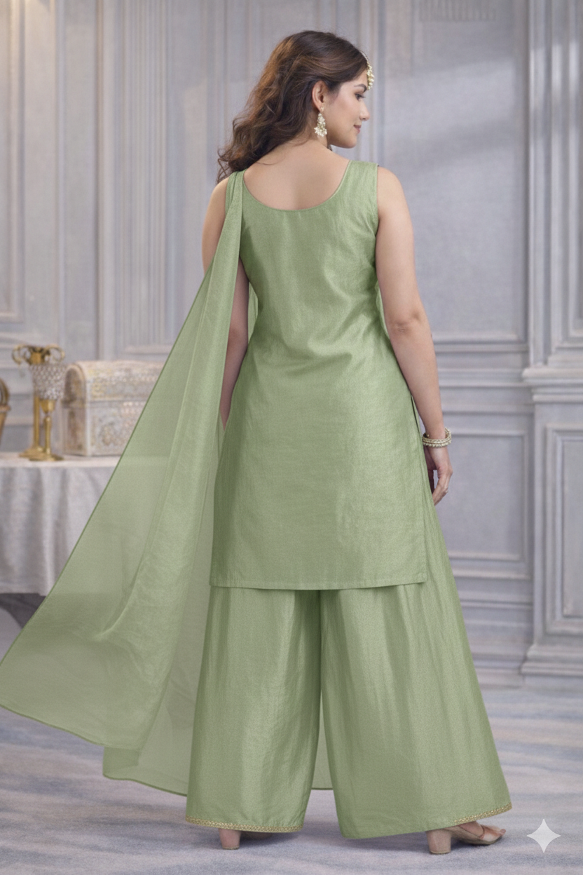 Pistachio Green Designer Palazzo Set with Organza Dupatta