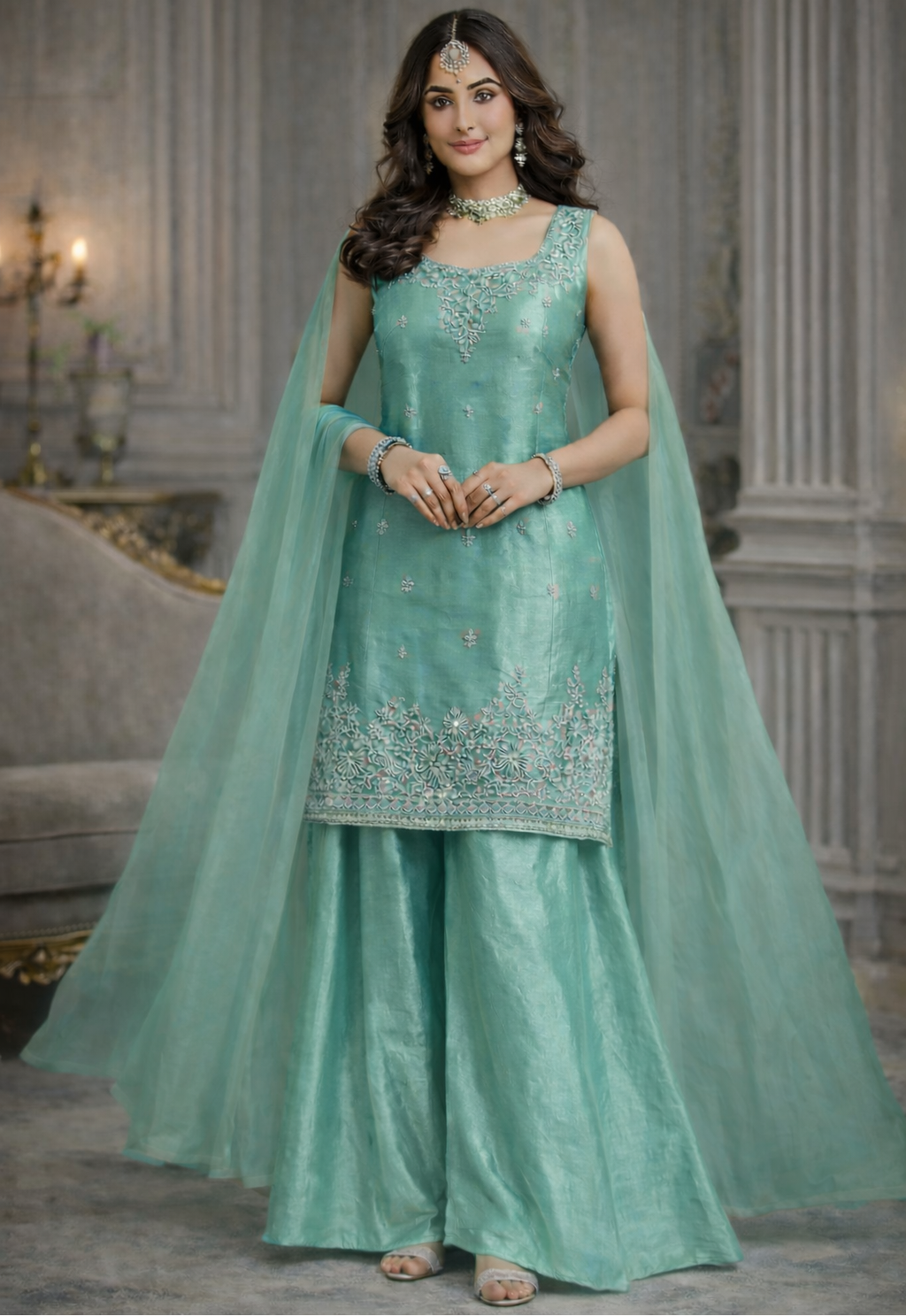 Sea Green Designer Palazzo Set with Net Dupatta