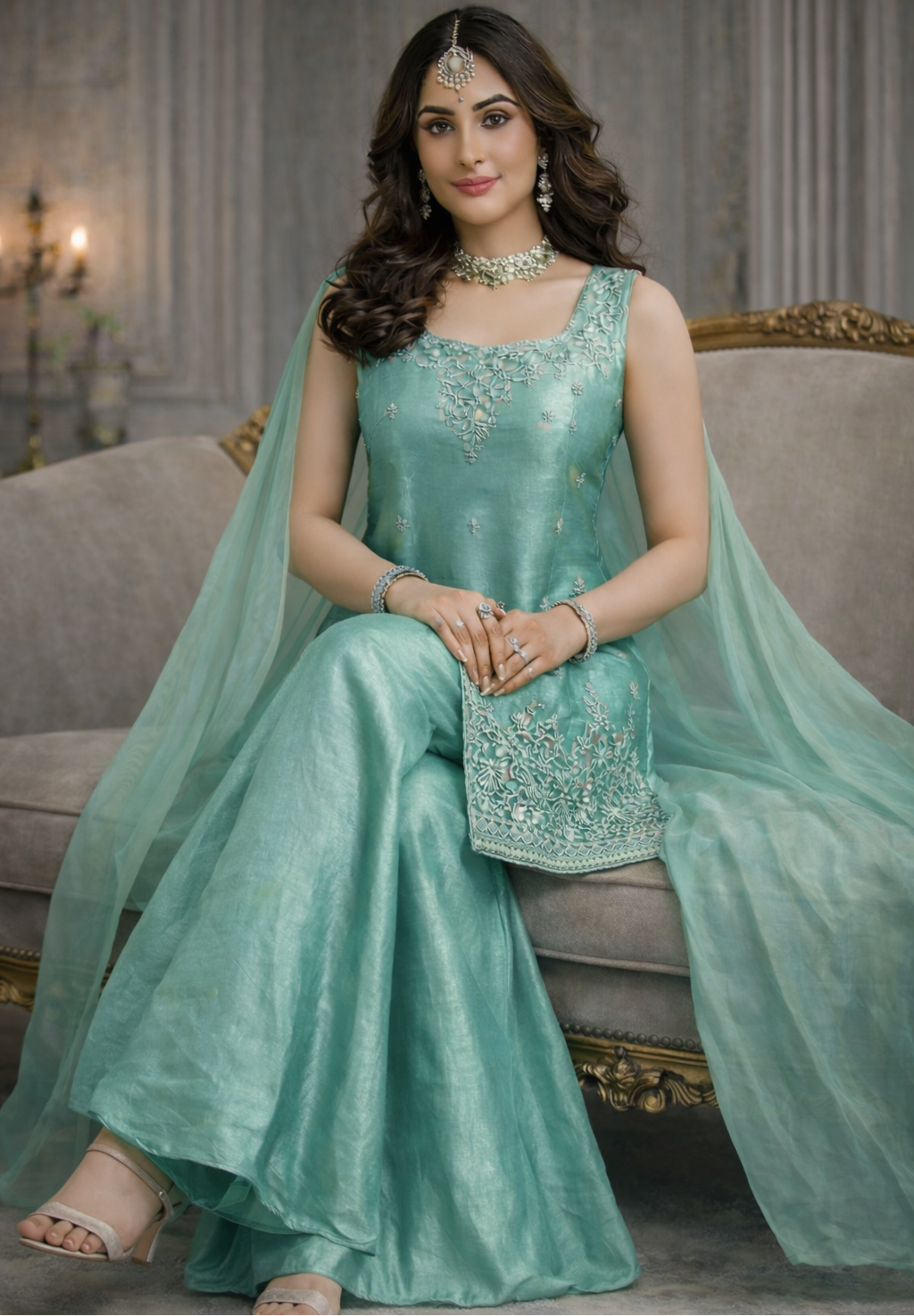 Sea Green Designer Palazzo Set with Net Dupatta