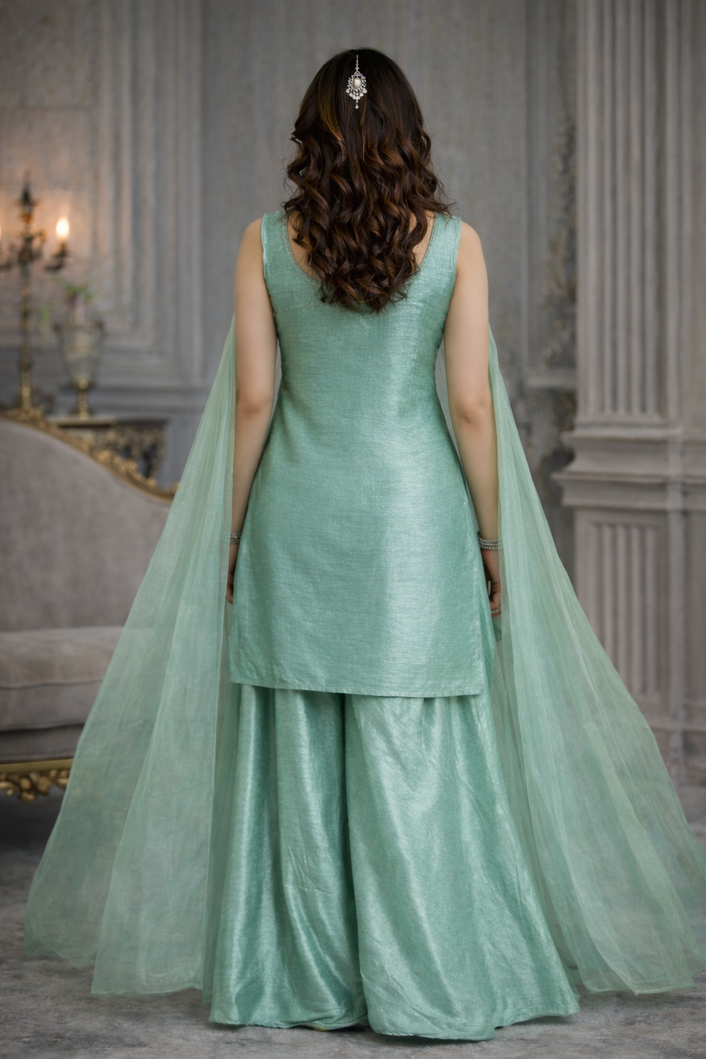 Sea Green Designer Palazzo Set with Net Dupatta