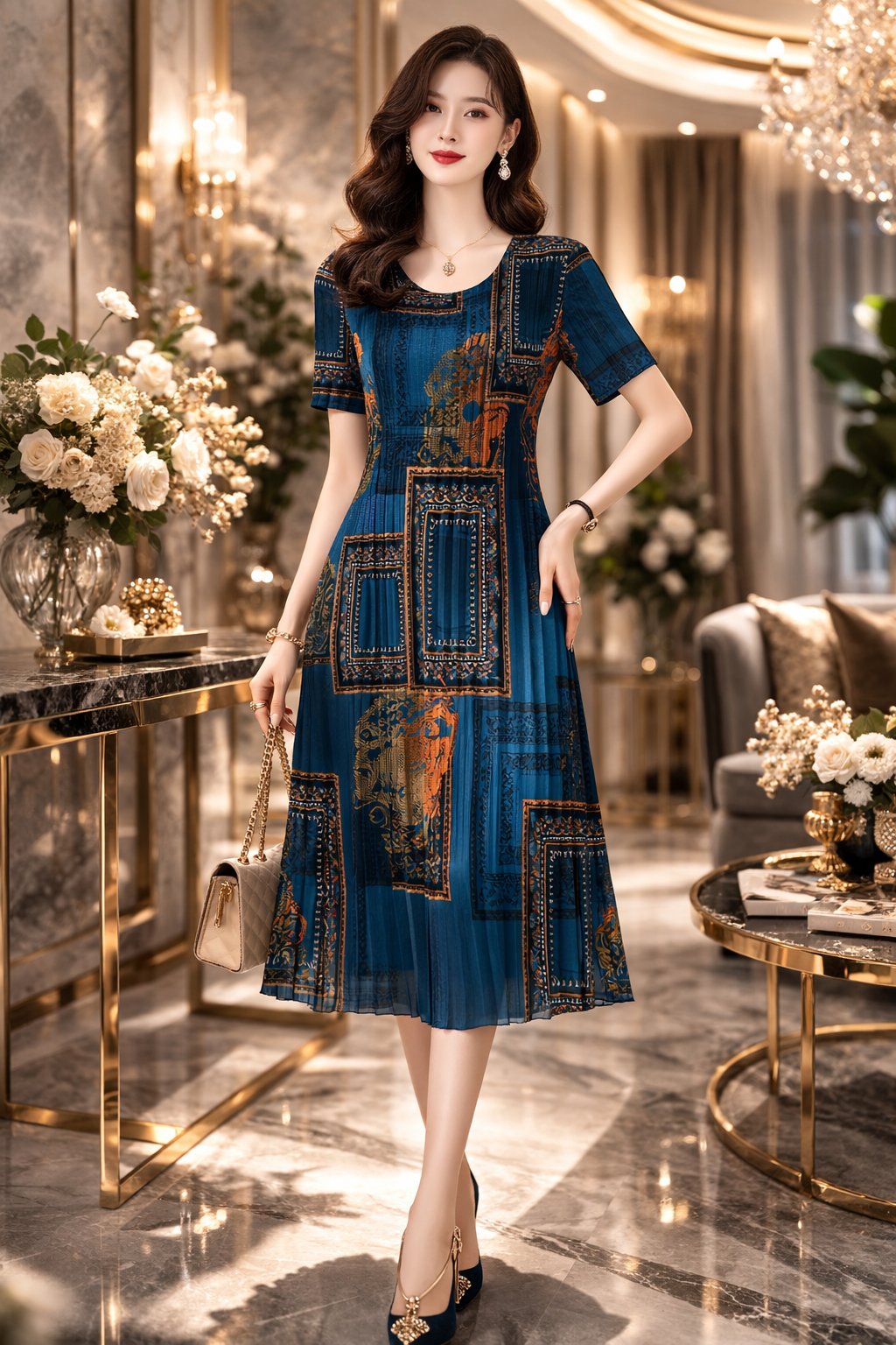 Aurelia Royal Patterned A-Line Dress