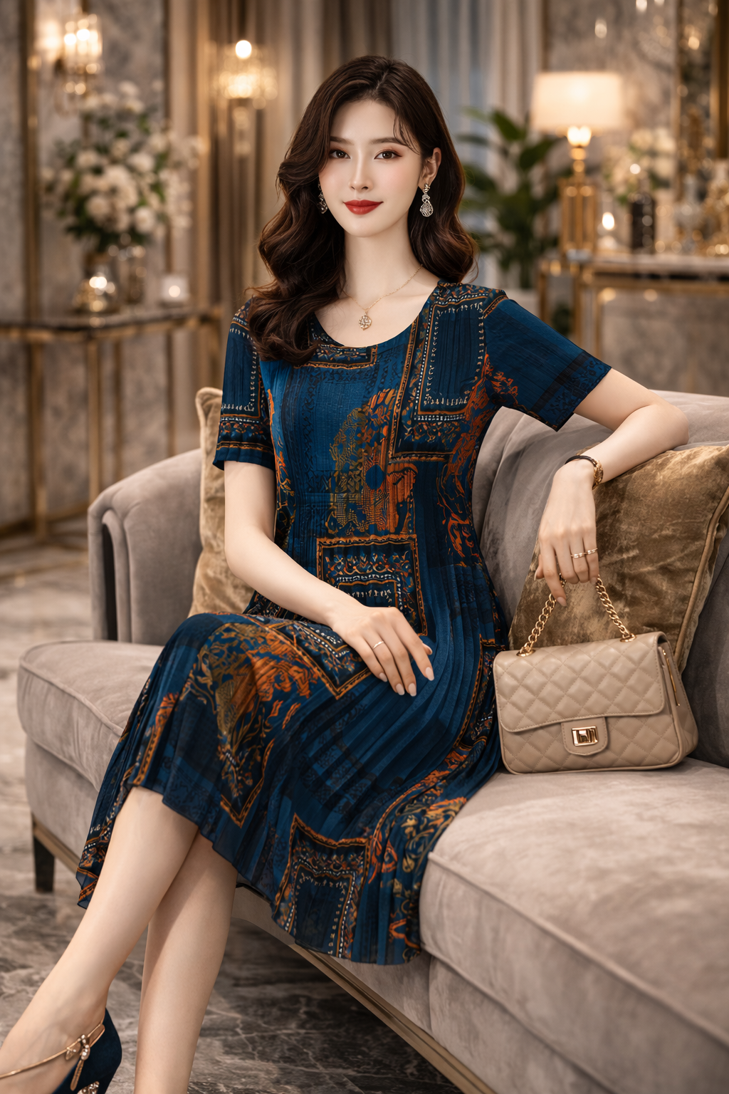 Aurelia Royal Patterned A-Line Dress
