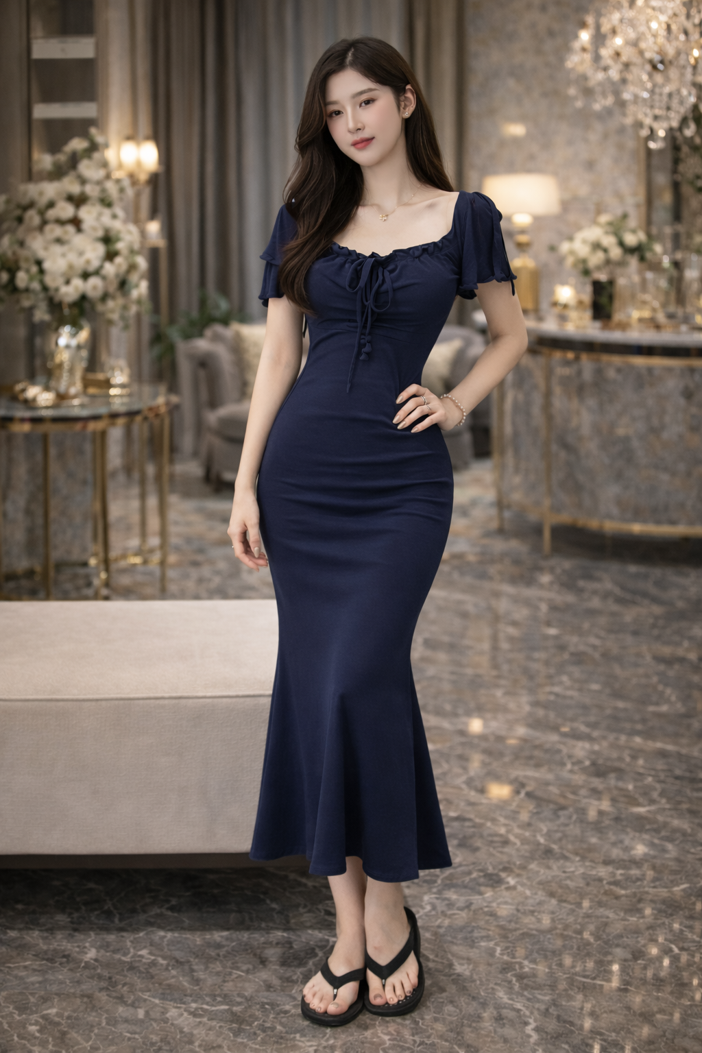 Midnight Elegance Navy Bodycon Maxi Dress – Slim Fit Mermaid Evening Gown