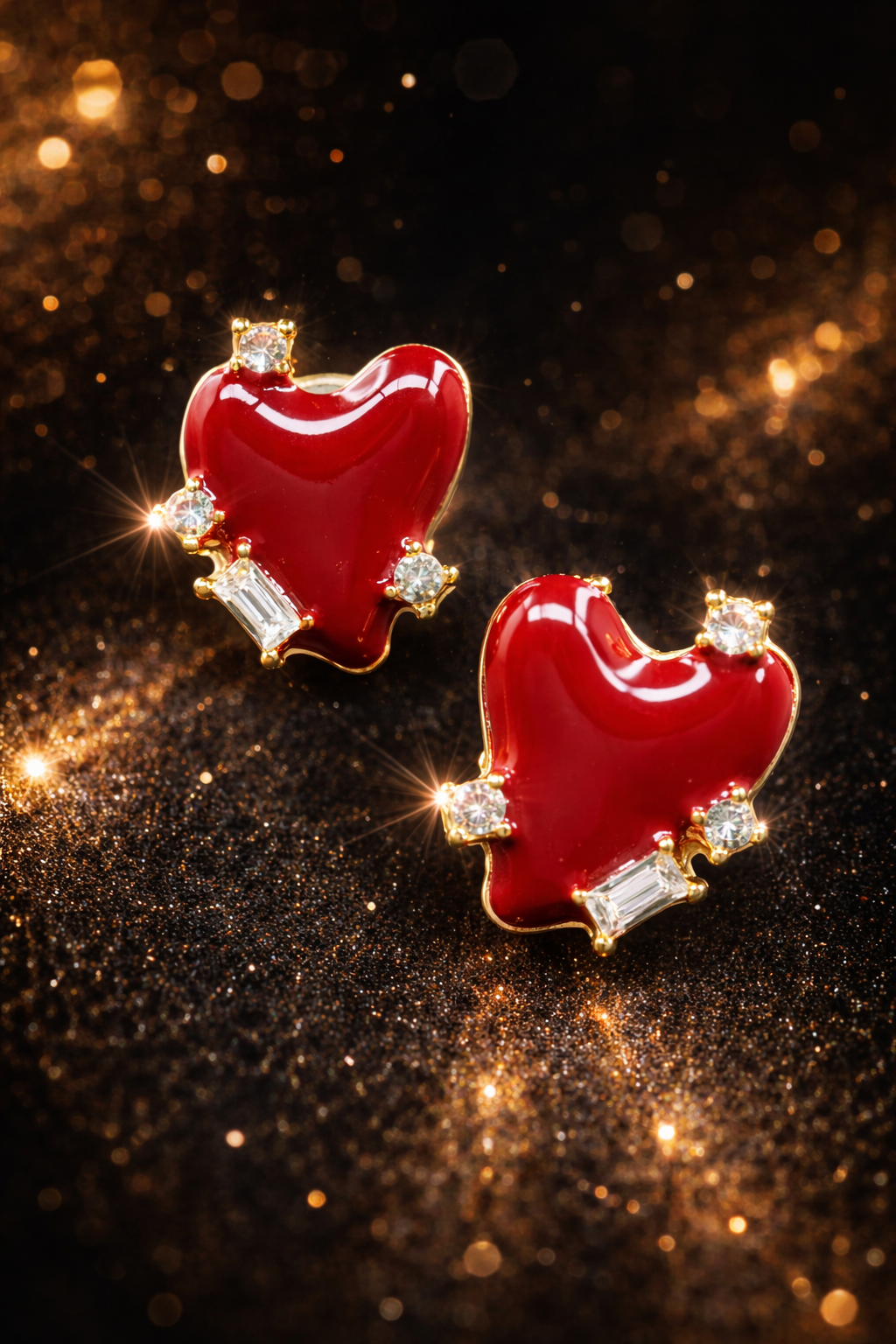 Premium Gold Plated Red Heart Stud Earrings with Crystal Sparkle